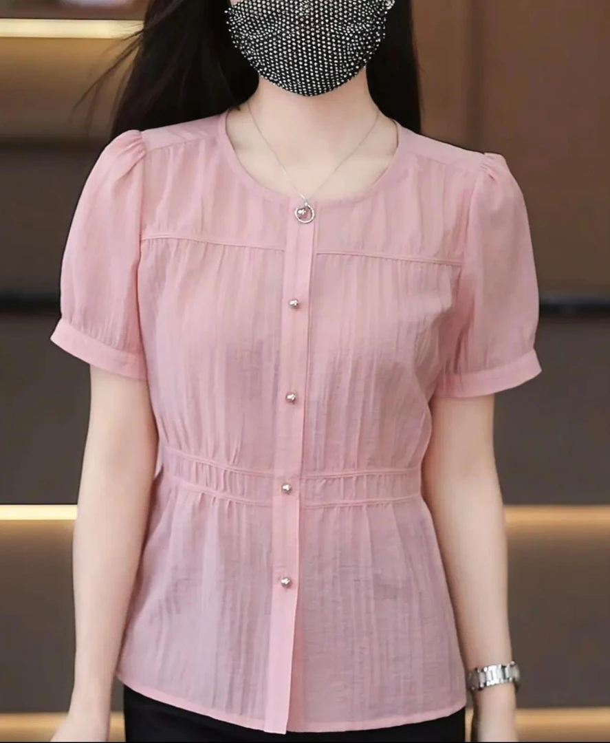 2025夏季新款短袖衬衫时尚宽松文艺圆领百搭洋气显瘦气质减龄小衫