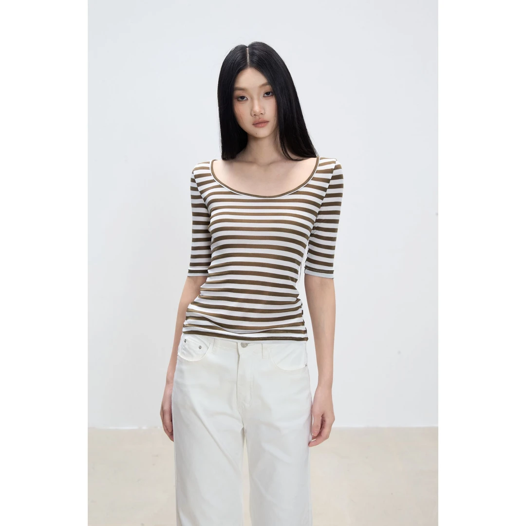 withmin凉皮 琴跃海林 早秋辣妹条纹U领中袖百搭T恤上衣女2523746