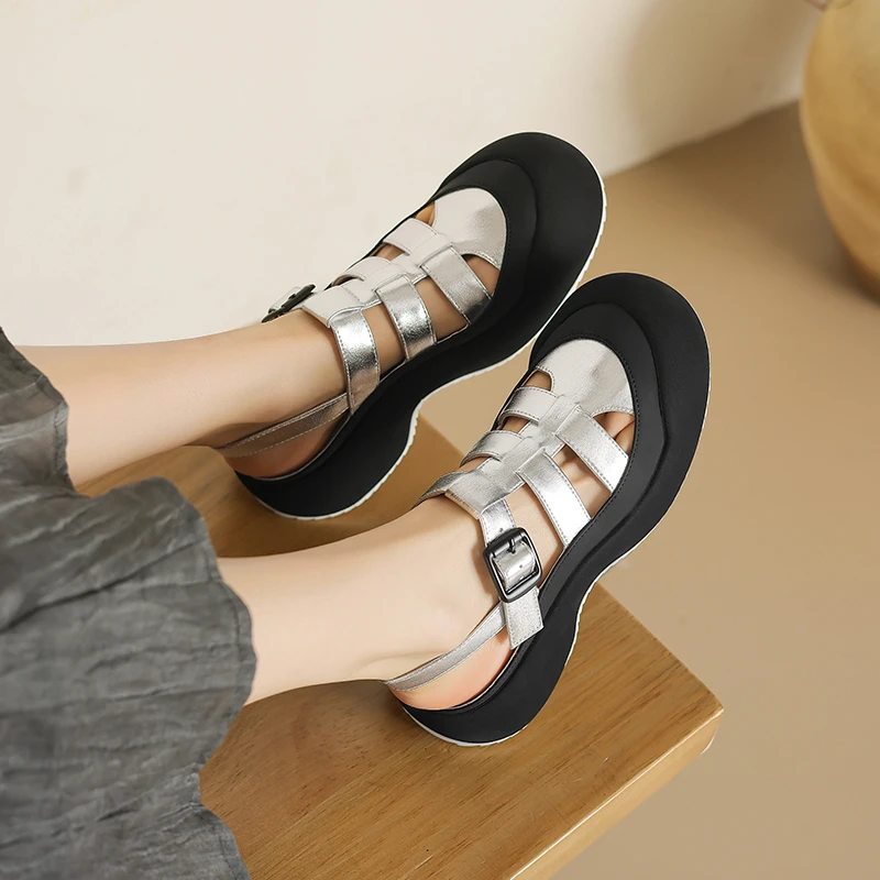 2025夏新款休闲皮带扣厚底镂空女凉鞋复古后绊带松糕显瘦罗马凉鞋