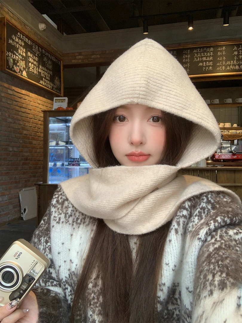 帽子围巾一体女秋冬季保暖防寒巴拉克拉法帽加厚针织毛线护耳帽子