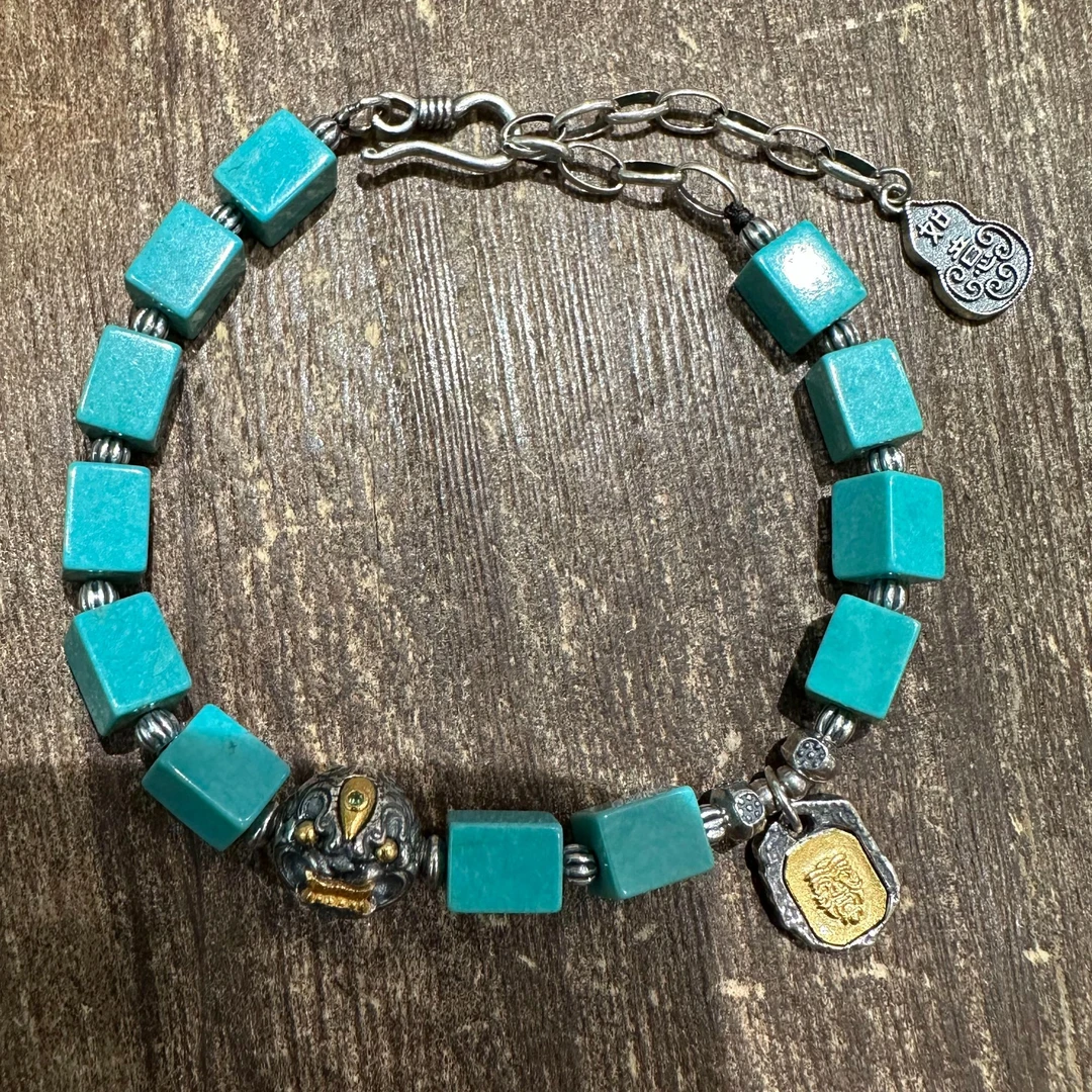 <一禅兄>S925银方形绿松石兽面珠扎基吊牌如意葫芦尾坠手链复古