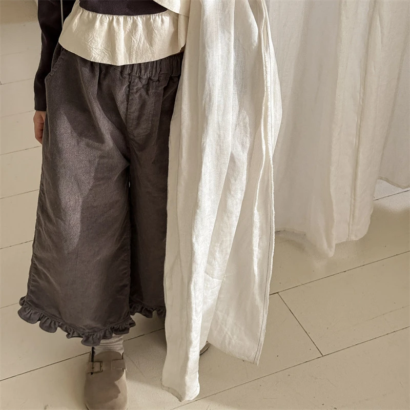 ab.baby女童秋季儿童韩版九分直筒裤宝宝脚口木耳边灯芯绒休闲裤