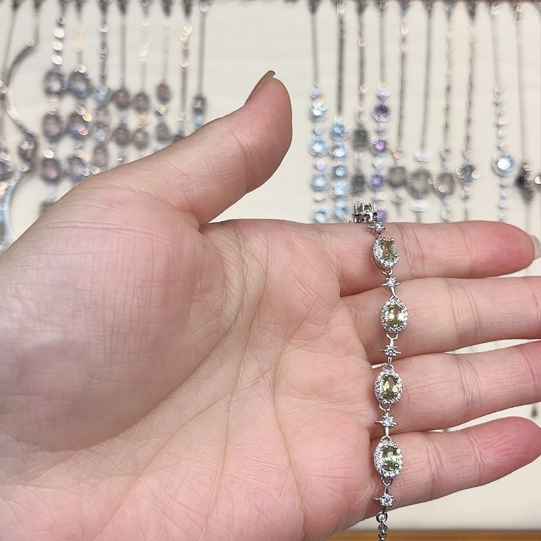 我***皮手链银S925镶嵌橄榄石