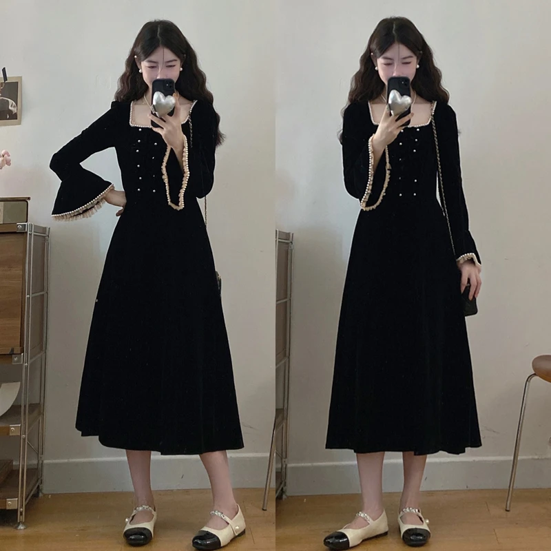 大码胖mm秋冬新款法式生日宫廷风气质黑色晚礼服年会丝绒连衣裙女