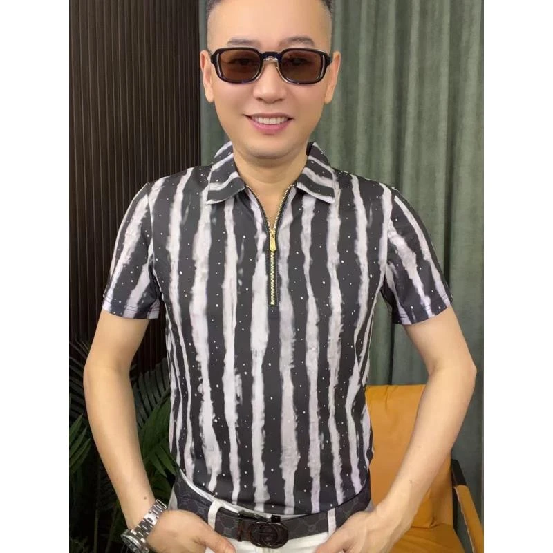 上衣男士短袖夏季半开领T恤常规polo免烫大码拉链
