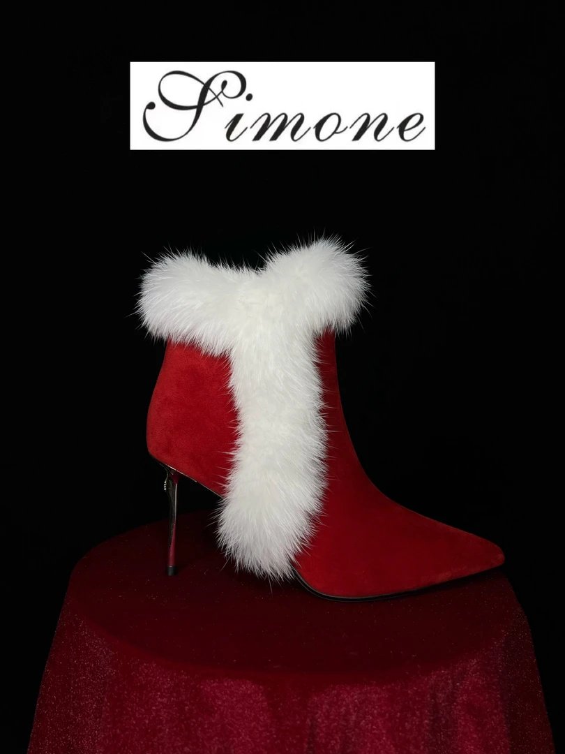 SIMONE 2024秋冬新款红色毛毛装饰侧拉链时尚潮流气质时装短靴