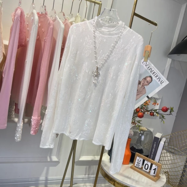 镂空提花针织衫蕾丝百搭半高领软软打底上衣