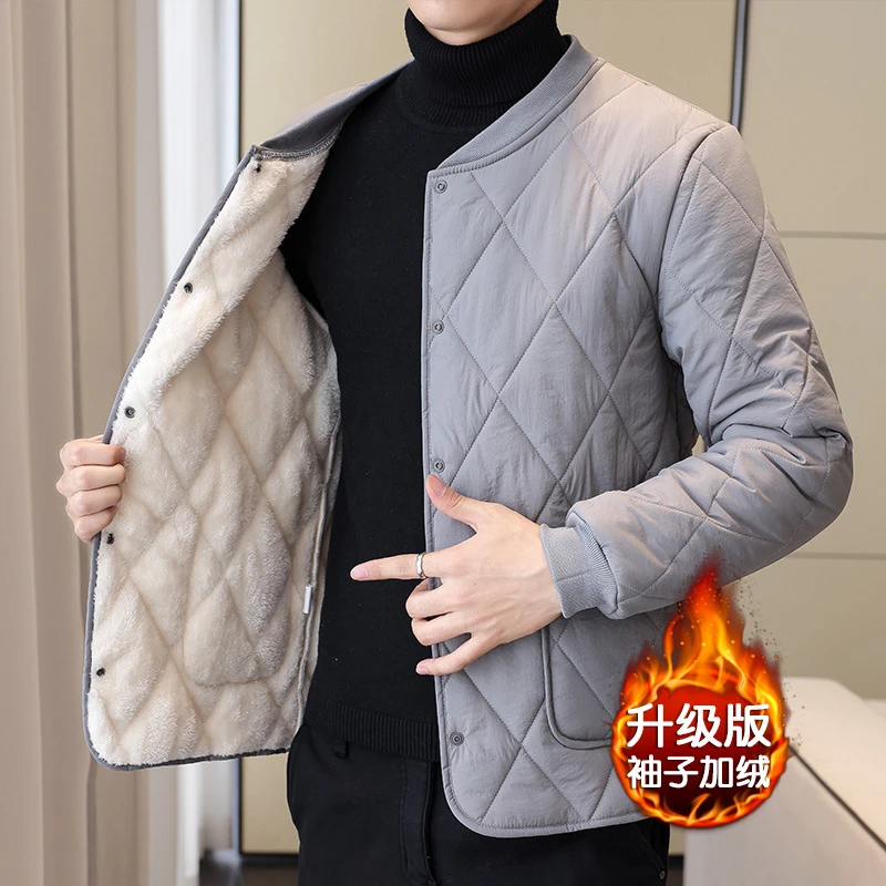 秋冬男式加绒内胆新款内穿修身亲肤小棉袄秋季纯色立领开衫外套男