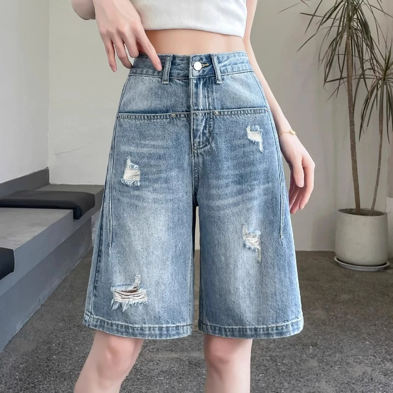 超火破洞五分牛仔短裤女2025夏季a字高腰宽松小个子阔腿5分中裤子