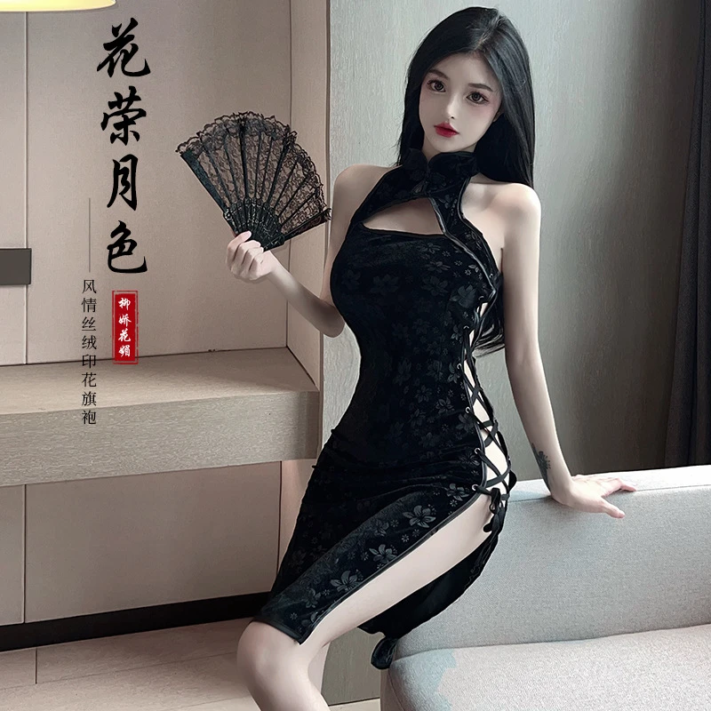 葫芦扣豹纹薄款镂空领立领旗袍修身气质夏季丝绒露背