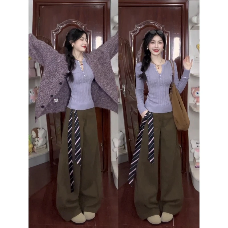 MARIE.COCO韩系软糯针织外套搭修身打底衫设计感宽松休闲裤女套装