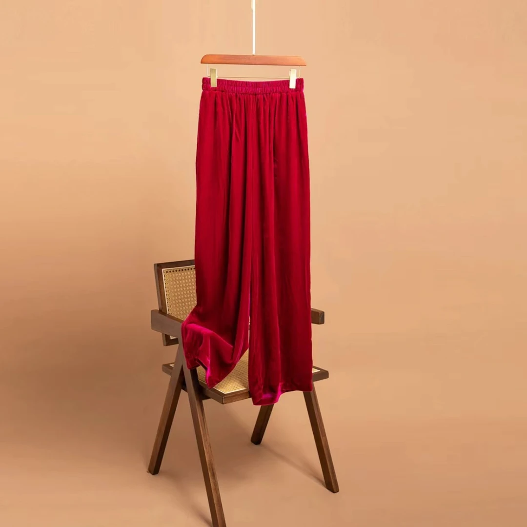 【小北丝绸】满分桑蚕丝丝绒阔腿裤火龙果色YG-0341（裤长101cm）