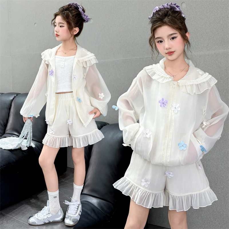 童装女童夏季立体花朵防晒衣套装6-12岁15中大儿童小女孩洋气套装