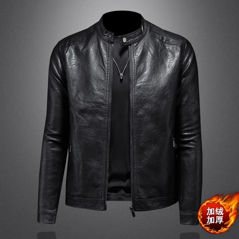 Zero Degree North时尚立领男士皮衣男机车加绒派克服修身皮夹克
