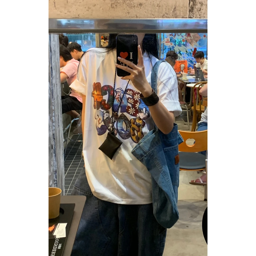 夏季新款个性设计感小众百搭涂鸦短袖t恤慵懒风纯棉圆领情侣上衣