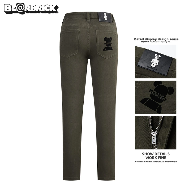 积木熊Be@rbrick【明星同款】墨绿色印花牛仔裤男士秋季新款修身裤