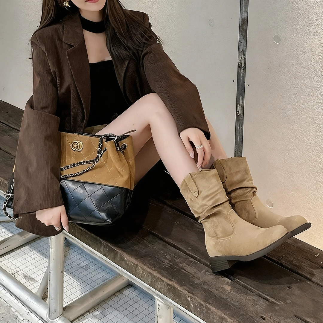 【平增高8cm】小7美拉德V口堆堆靴女中筒显瘦褶皱复古女靴