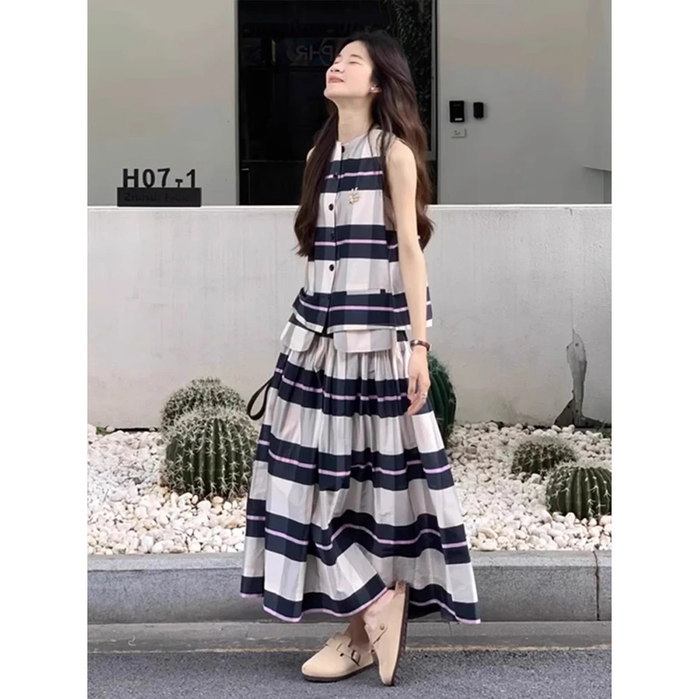 超火夏装一整套轻奢高级减龄洋气大方得体韩系撞色条纹衬衫套装裙