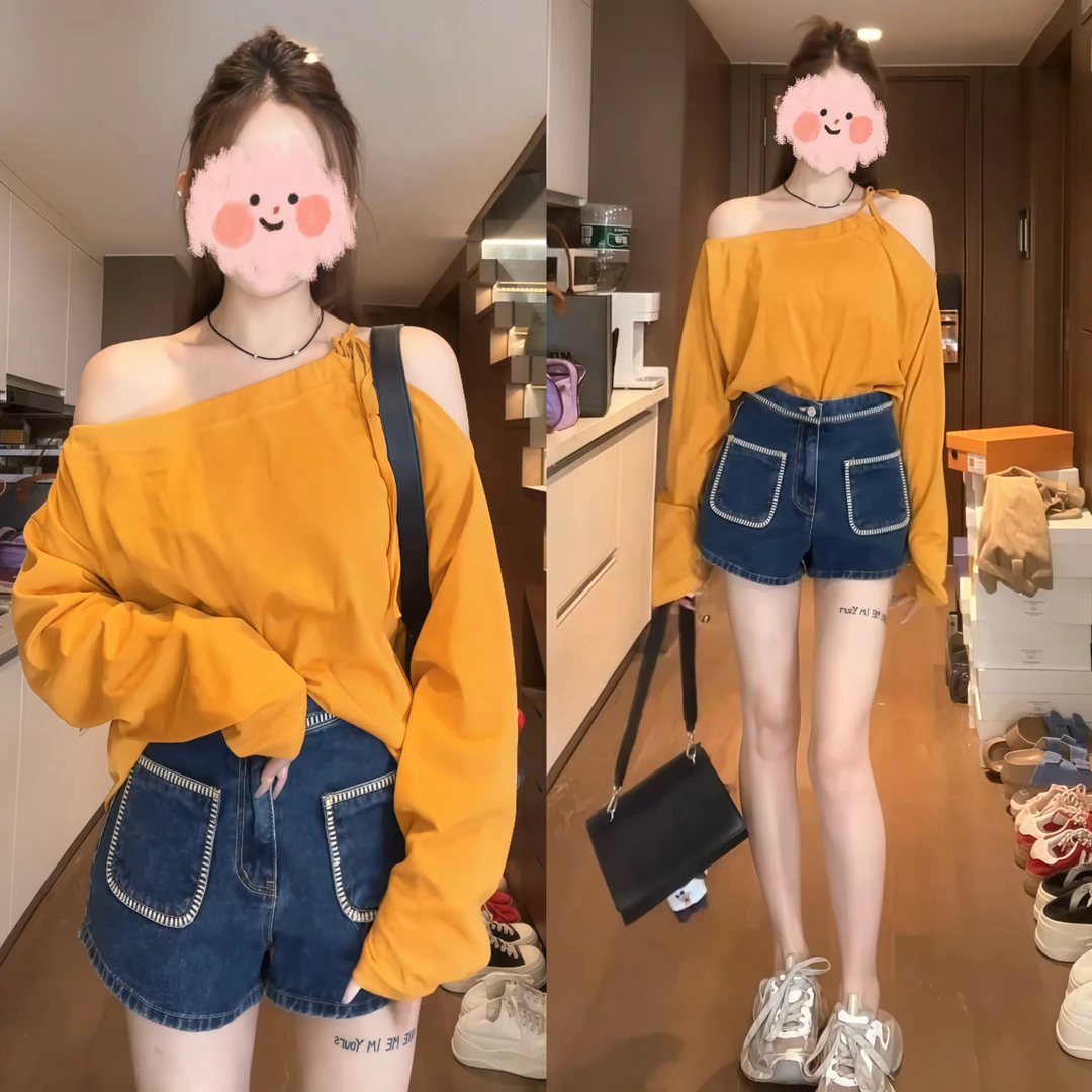 2025夏季新款网红时尚宽松露肩防晒T恤百搭显瘦口袋短裤俩件套