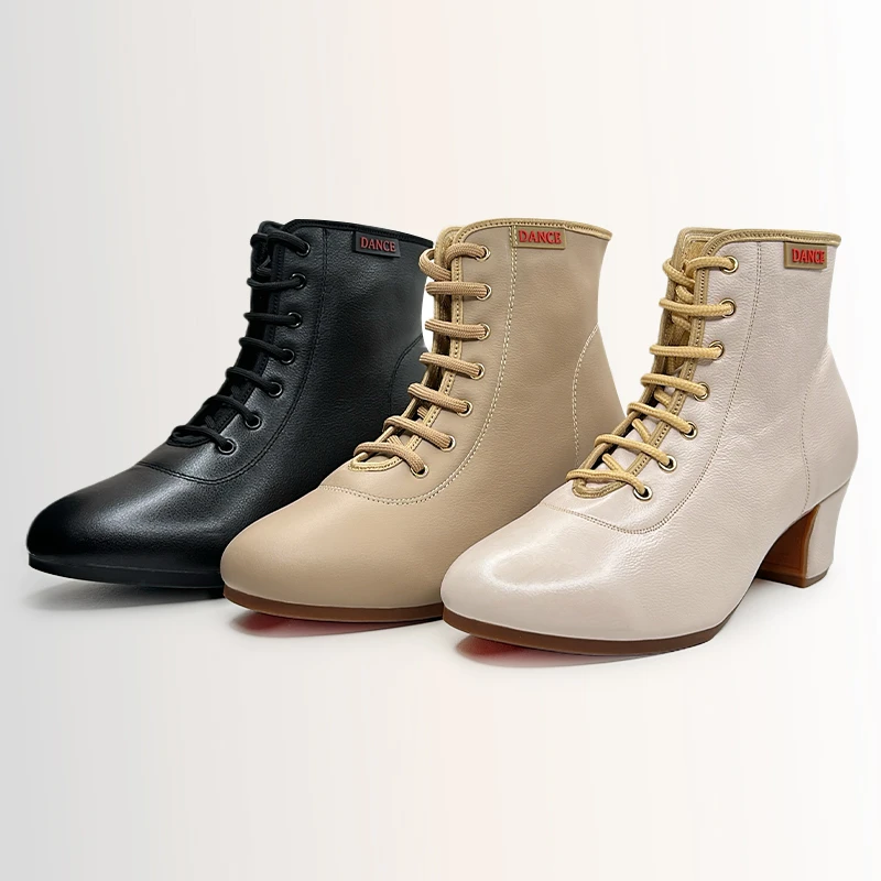 女士秋冬高帮广场真皮舞蹈鞋靴交谊舞中高跟软底交谊水兵真皮成人