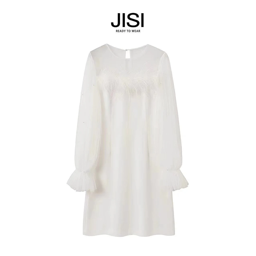 JISI 重工拼纱羽毛长袖连衣裙-L23006