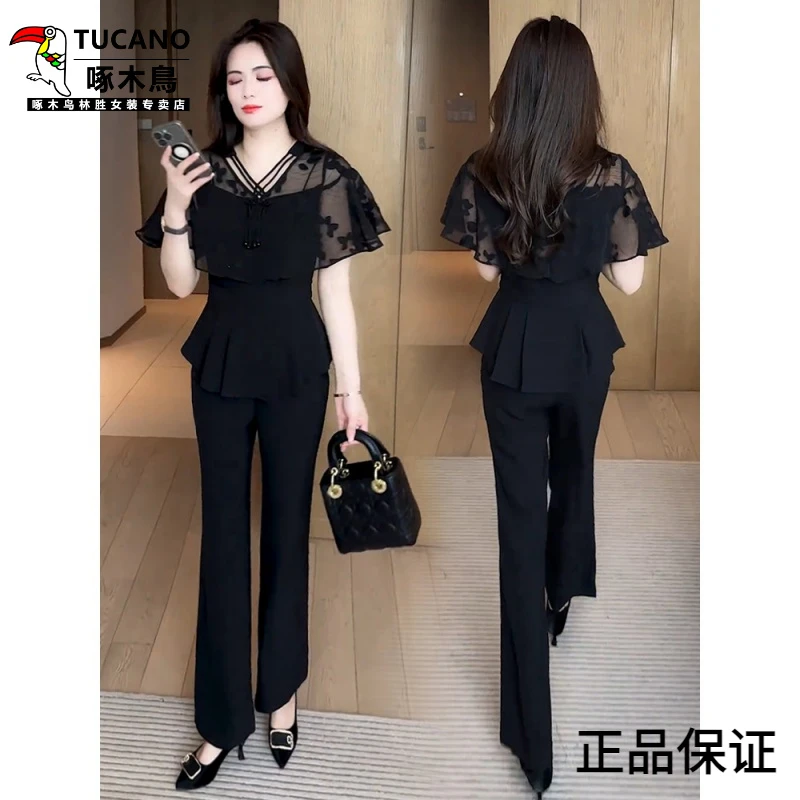 啄木鸟新款时尚套装女2025夏季新款洋气显瘦蕾丝拼接雪纺上衣微喇