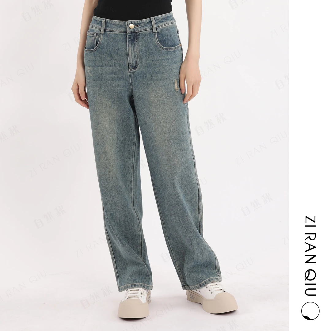 【自然秋】若水复古水洗蓝宽松显瘦直筒窄版牛仔裤小个子