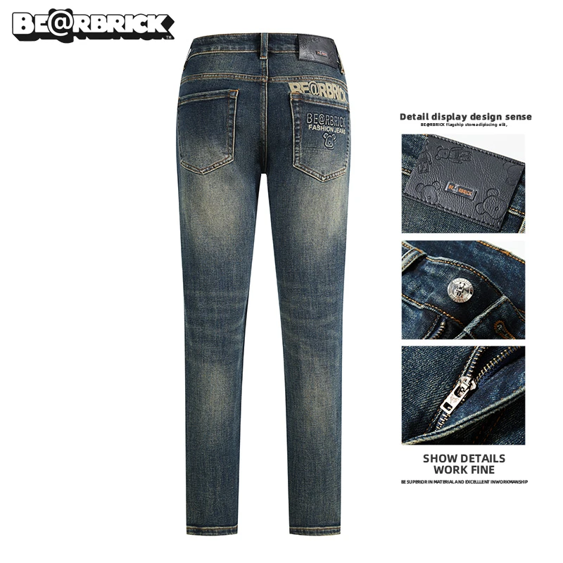 积木熊Be@rbrick【明星同款】印花牛仔裤男士秋季新款修身弹力裤子