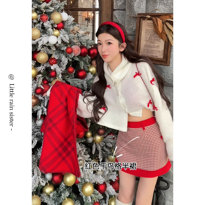 11/17圣诞新款【圣诞格子裙】复古洋气红色千鸟格包臀短裙女
