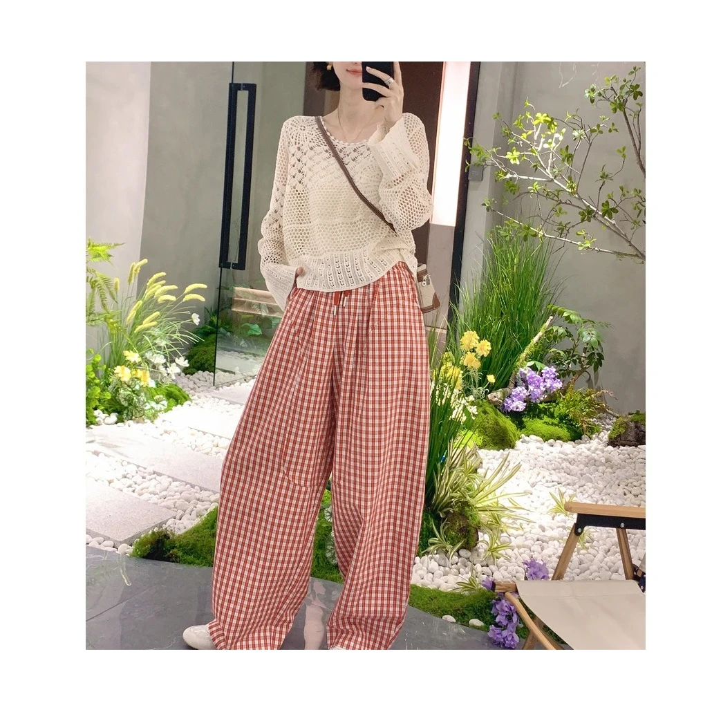 2025甜格女孩慵懒复古红白格2025夏新款时髦精必备高腰显瘦弯刀裤