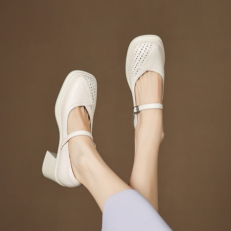 巨好穿法式单鞋女春夏季镂空圆头高跟鞋粗跟真皮厚底玛丽珍鞋凉鞋