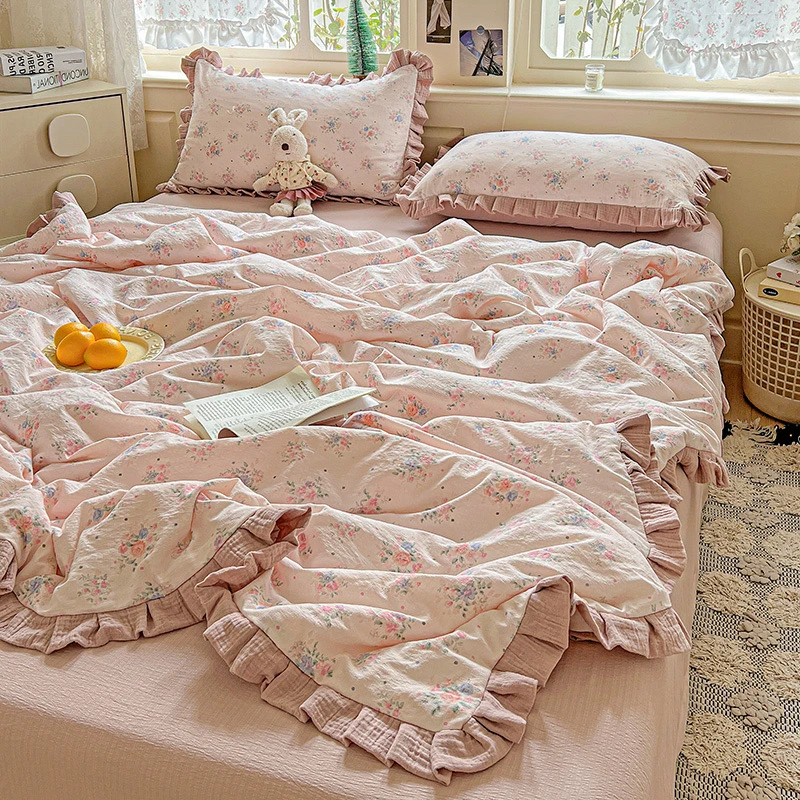 【洋盛家纺】皱皱双层纱花边云感夏被四件套可机洗小清新双人空调被