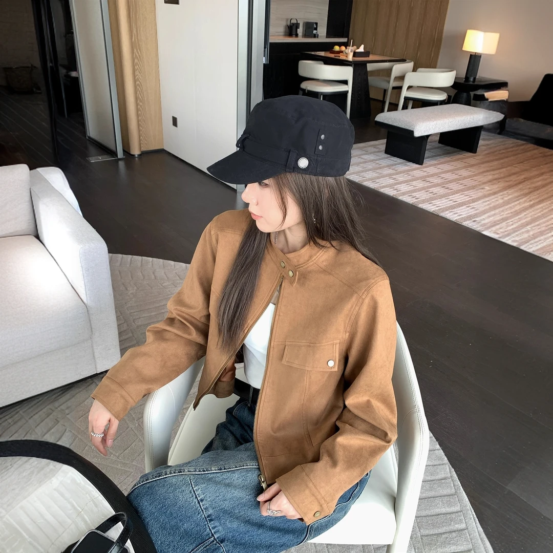 美式复古高个子上衣外套女设计感早秋季新款宽松立领短款夹克外套