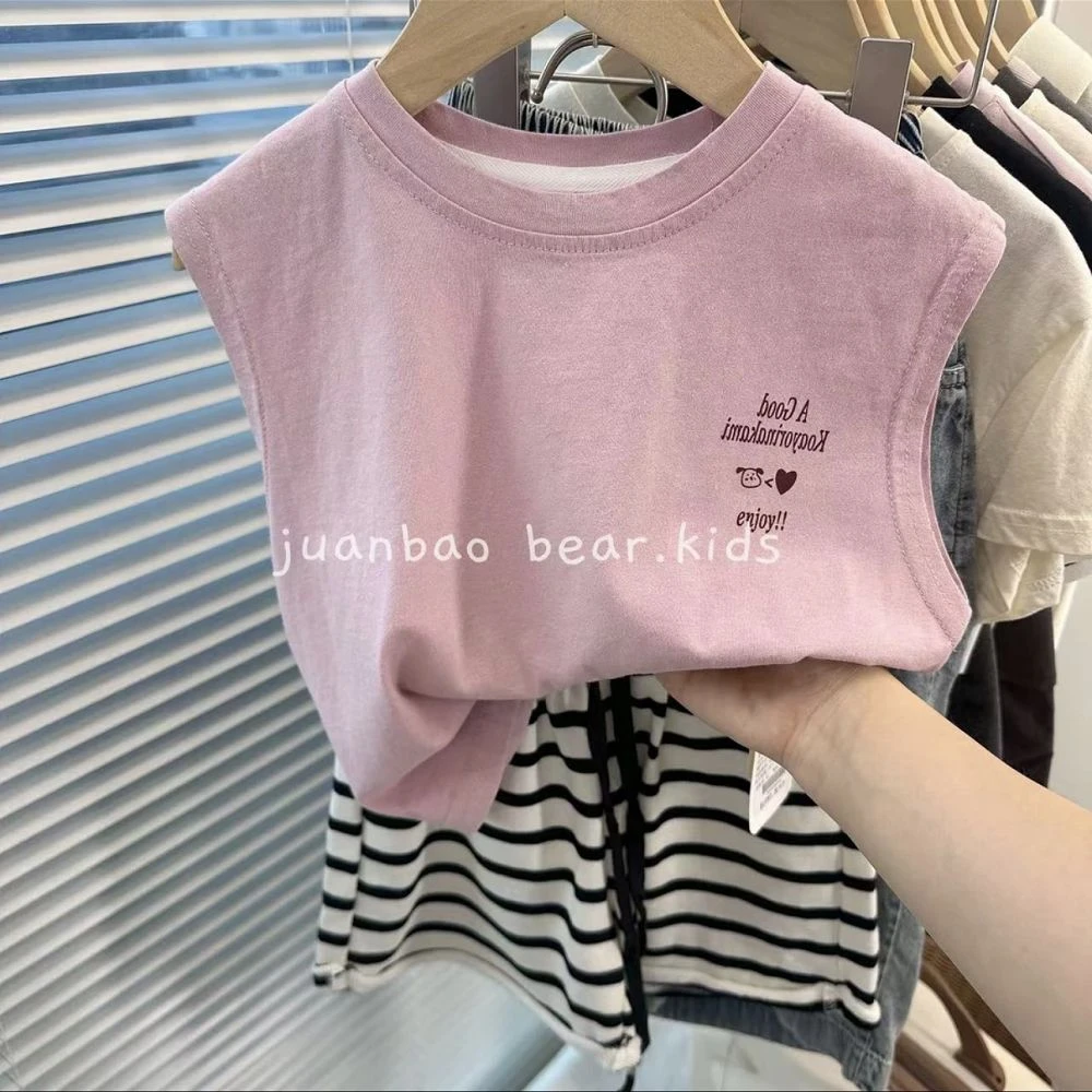 儿童夏季新款无袖T恤宽松纯棉ins风男女童休闲韩范中小童坎肩背心