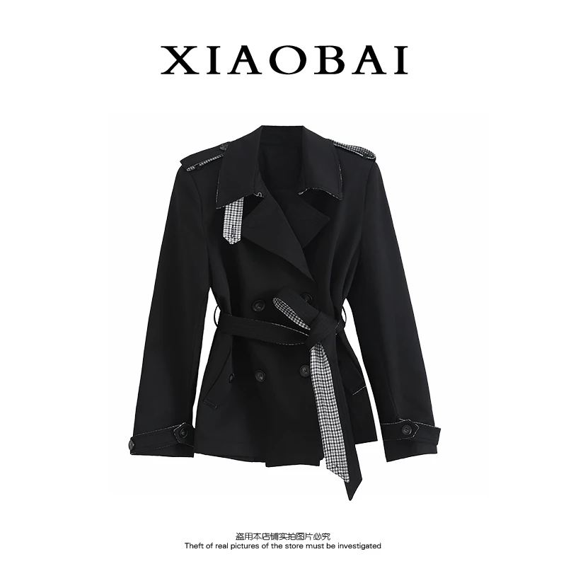 XIAOBAI 黑色翻领风衣外套秋季时尚设计感收腰痞帅炸街女士短外套