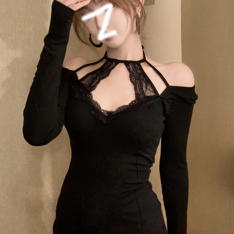 艺等YIDENG纯欲辣妹设计感蕾丝收腰显瘦挂脖长袖打底衫女内搭上衣