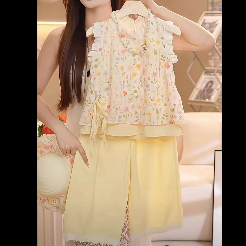 女孩碎花小飞袖娃娃衫阔腿裤套装2025夏季大童无袖背心防蚊九分裤