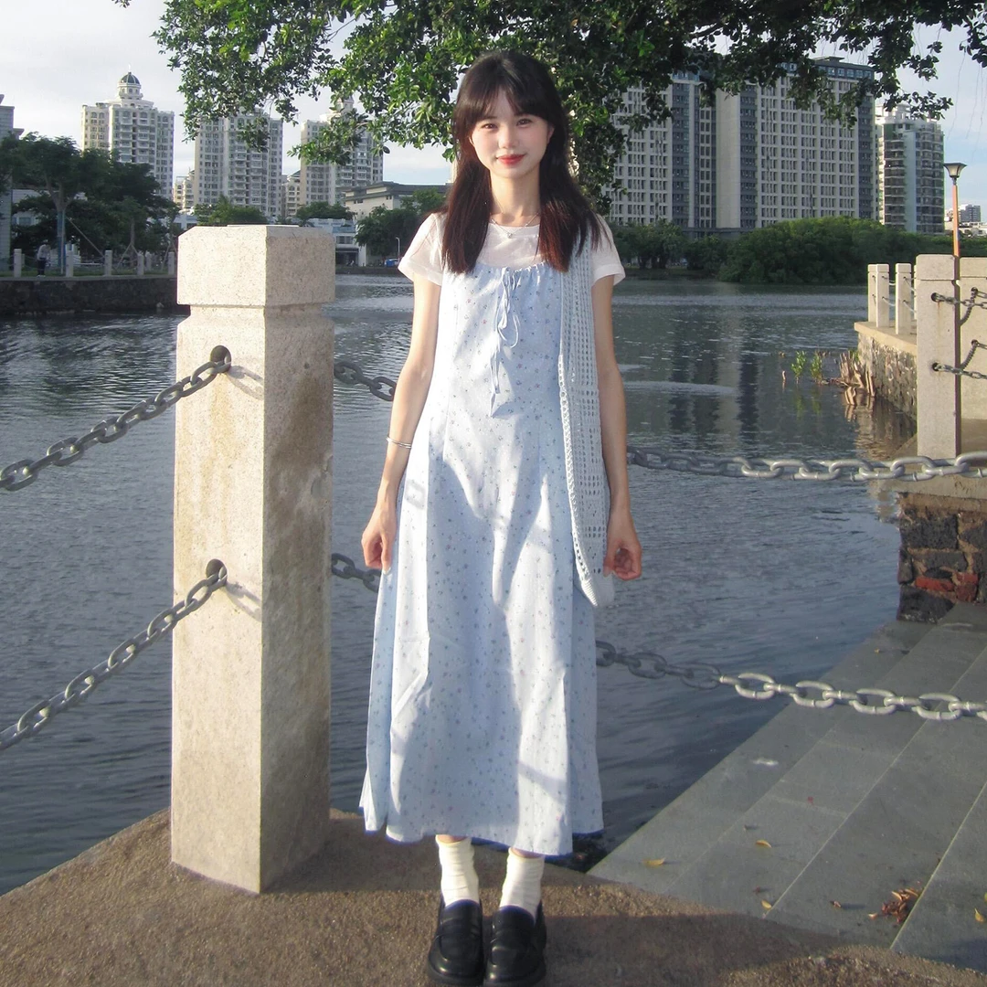 法式气质小香蓝色碎花吊带连衣裙子女夏季小个子收腰无袖长裙4960