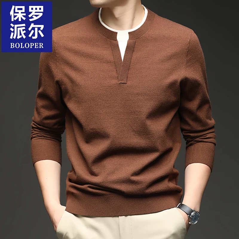 保罗秋冬季男士圆领厚款毛衣中青年保暖毛衫休闲百搭针织打底衫男