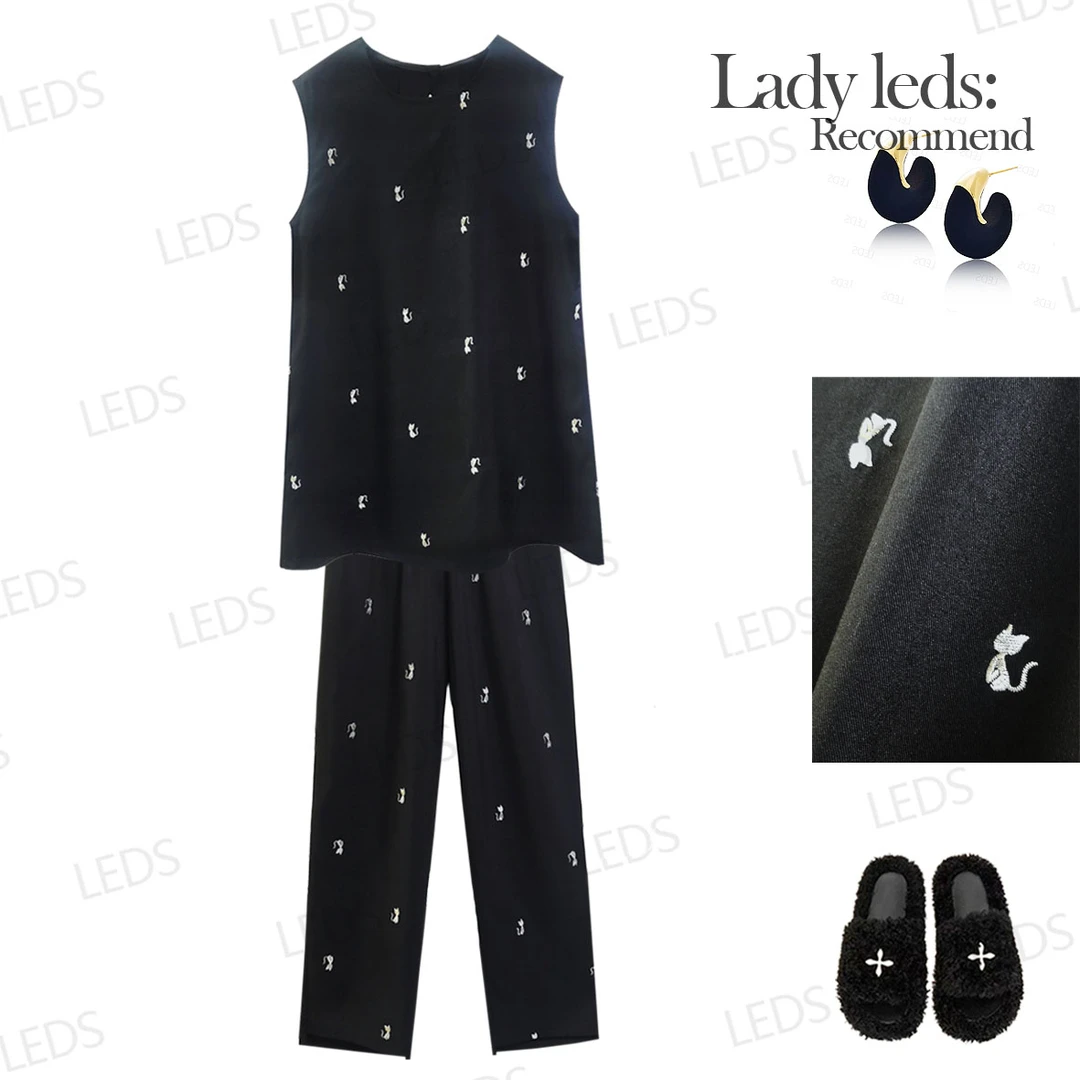 LEDS S720早秋小猫优雅黑色刺绣气质无袖长裤休闲套装