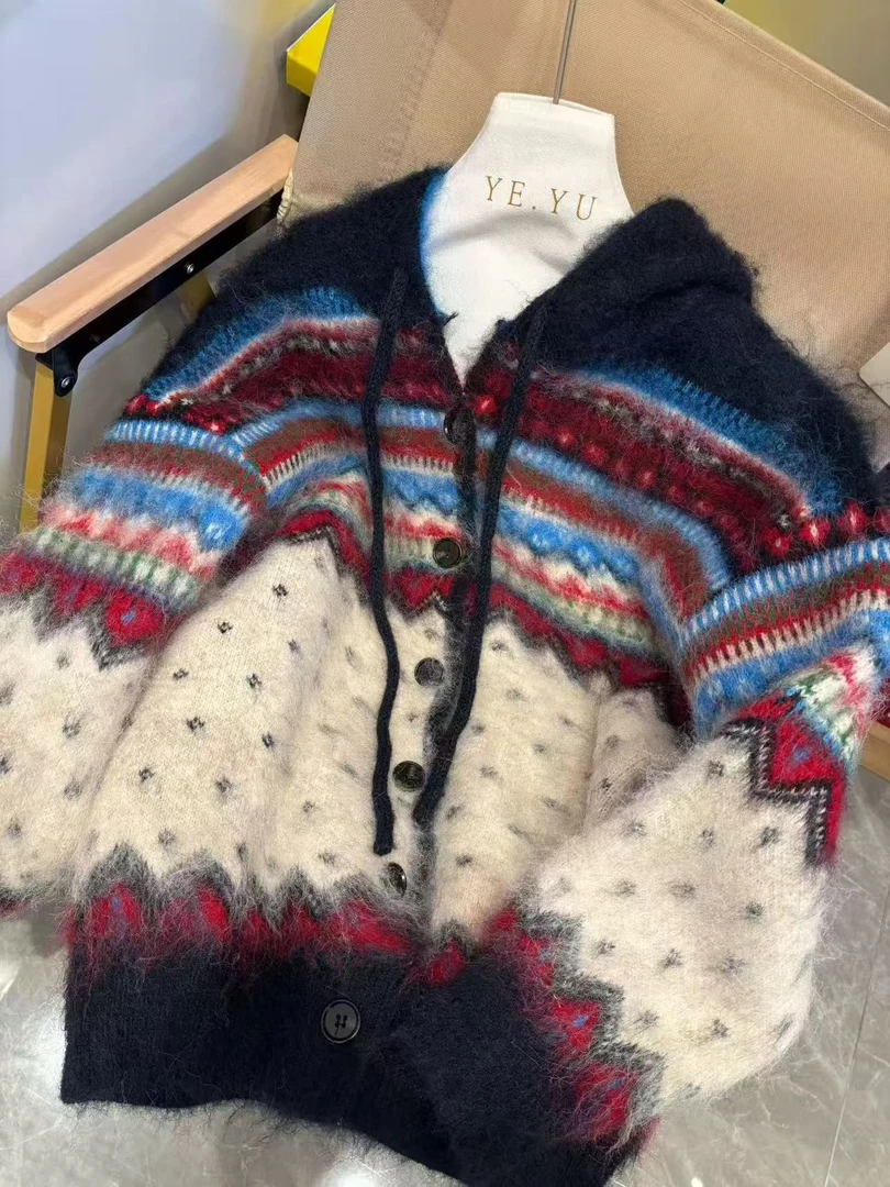 K2503  <喜欢的镜头> 彩色费尔岛连帽针织毛衣开衫