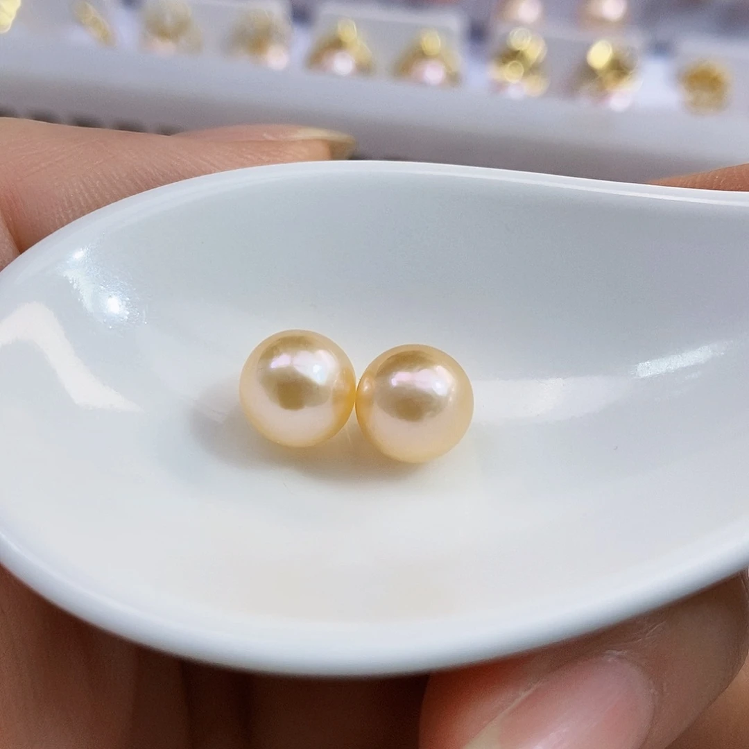 银S925镶嵌淡水正圆极光爱玛橙奶油金色耳钉9淡水珍珠