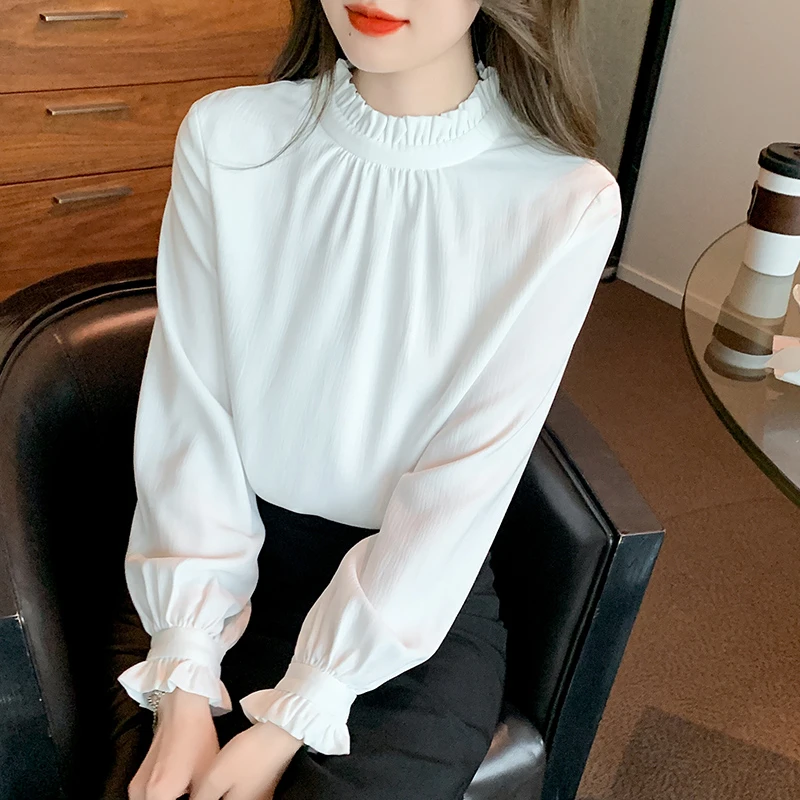 法式优雅2025早秋洋气木耳边叠穿长袖衬衫女白色内搭雪纺衫上衣