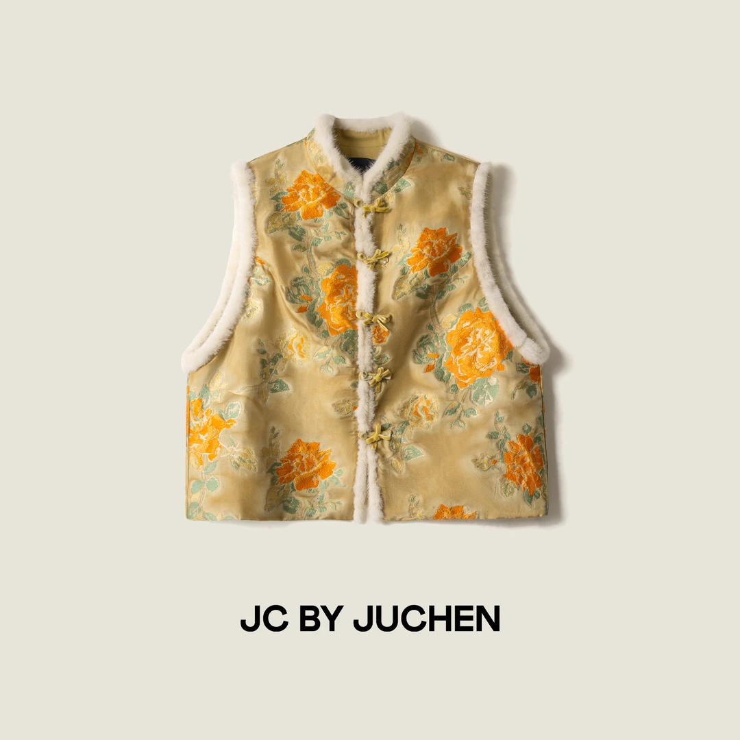 黑标线“金丝玫颂”重磅蚕丝提花水貂蝴蝶结中式棉马夹FW106003-184