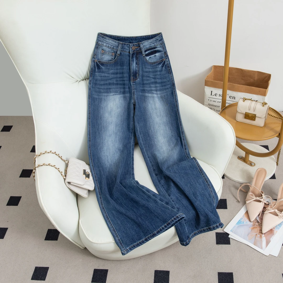 夏季莱赛尔天丝深蓝色薄款裤子女休闲百搭凉感垂感直筒微喇裤9591