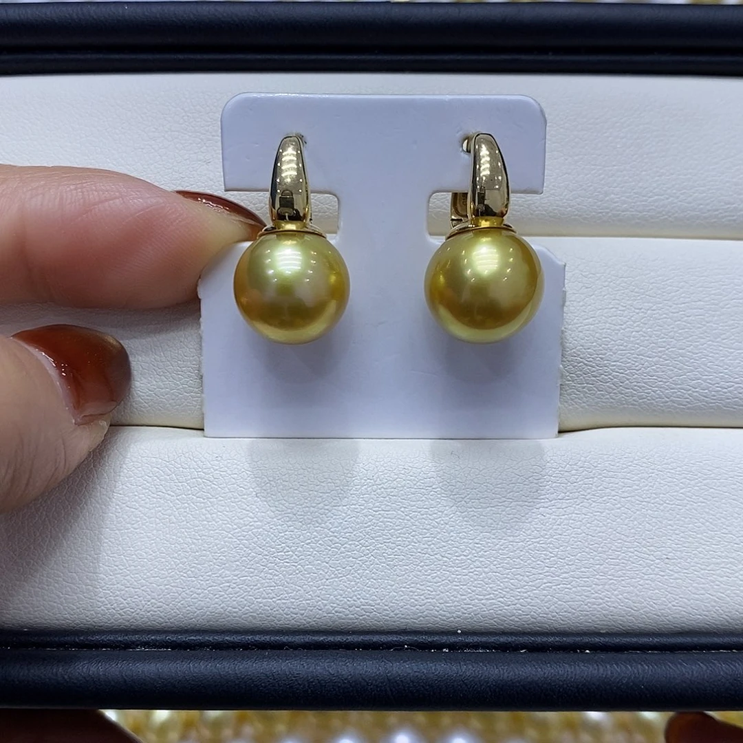 海水珍珠耳饰18K金镶嵌12到13点位浓茶金珠