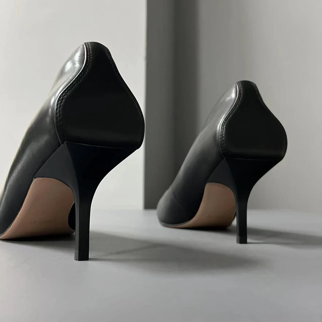 时尚经典浅口真皮法式气质极简尖头细跟高跟鞋单鞋百搭黑色裸色