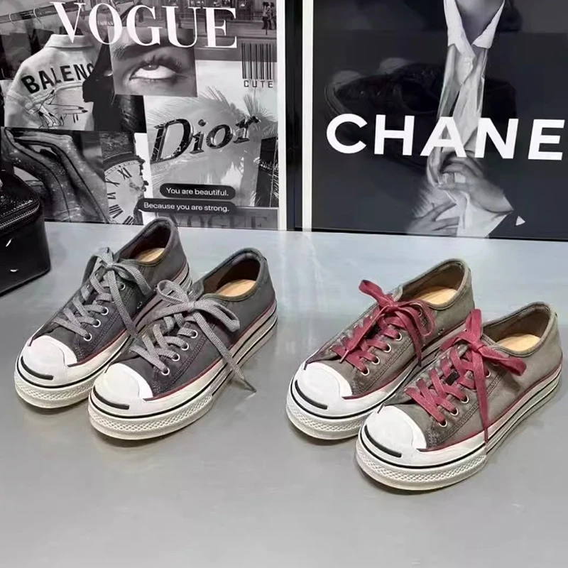 欧洲站2025春季新款开口笑帆布鞋女圆头厚底潮鞋时尚休闲板鞋欧货