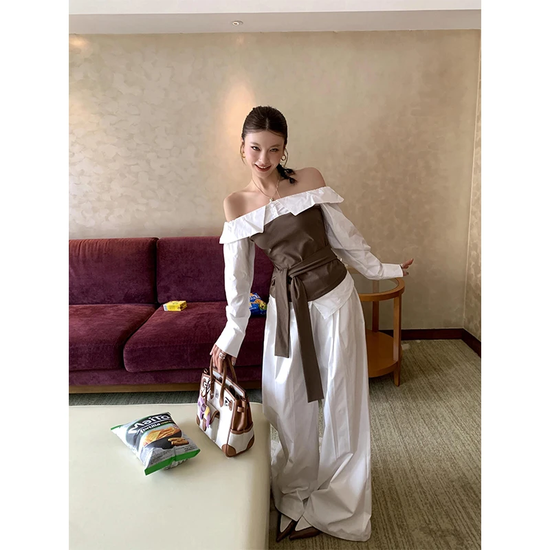 酷飒风女装高级感小众上衣假两件绑带长袖衬衫高腰白色阔腿休闲裤