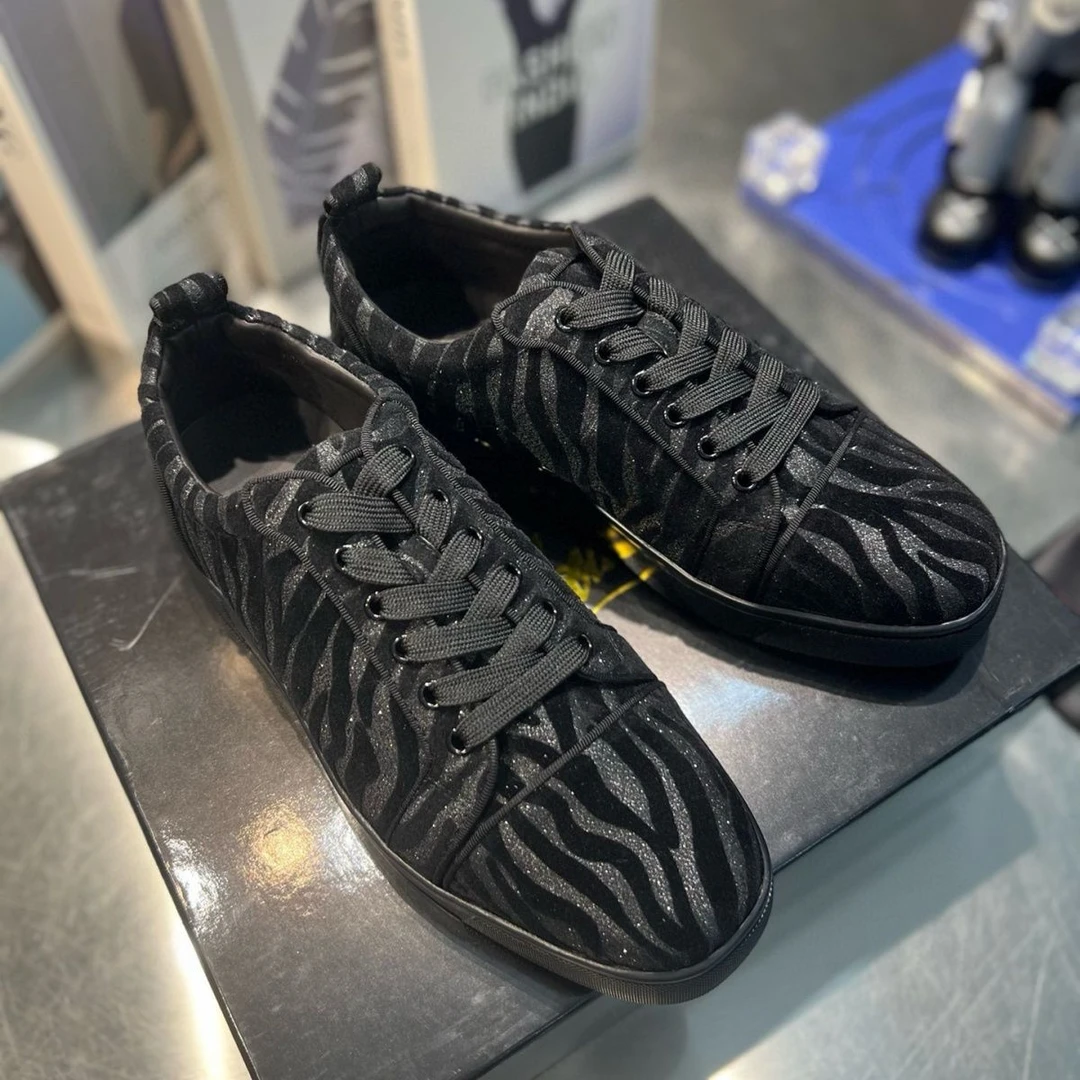 新款斑马纹印花红底潮鞋欧美潮牌高定版硬底板鞋男士透气百搭男鞋